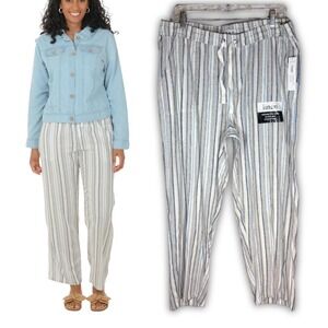 Dash Womens Linen Blend Striped Drawstring Pants Blue Tan White Size L NWT
